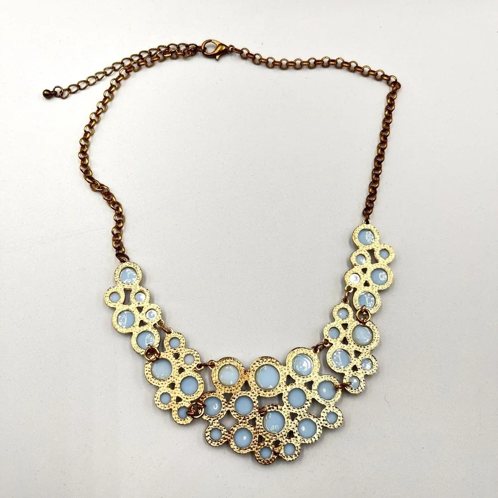 Vintage Retro Sky Blue Cabochon Bib Statement Necklace Gold Tone Geo Bubbles - Picture 8 of 13